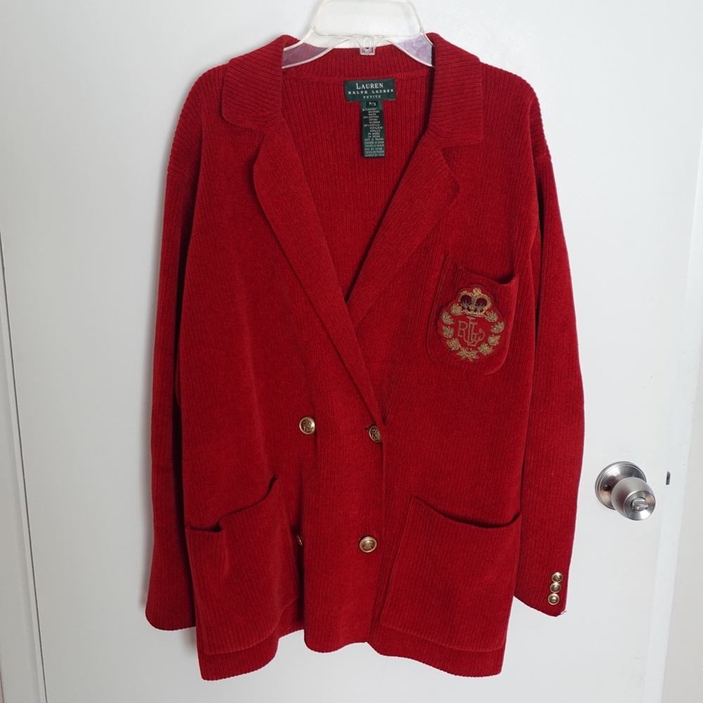 Lauren Ralph Lauren Chenille Knit Cardigan Double Breasted Crest Blazer Academia